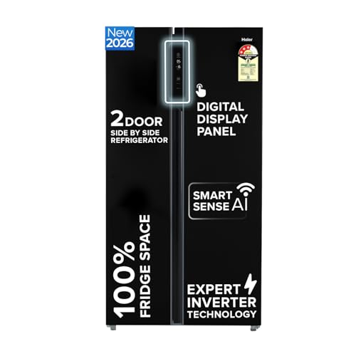 Image of Haier 602L 3Star 2 Door Premium Glass Side by Side Frost Free Refrigerator|100% Convertible|Wi-Fi|Expert Inverter Technology|Digital Display Panel|Triple Twist Ice Maker (HRS-682KGU1, Black Glass)