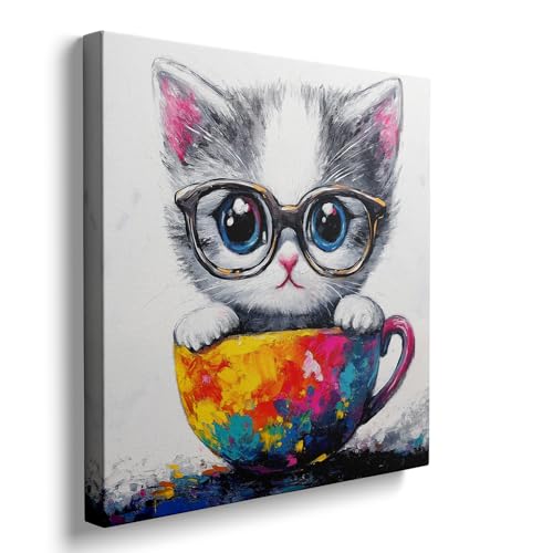 Ypxzzj Cute Kitten in a Teacup Canvas Art, Cat Picture Print, Cute Animal Cat with Glasses Poster for Living Room, Bedroom, Nursery Home Decor, Framed Ready to Hang