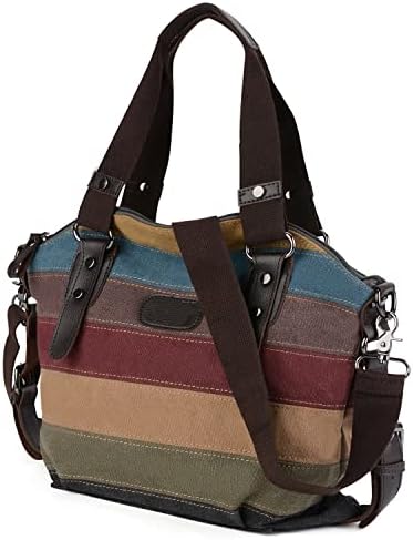 Women's Handbag Canvas Bag Shoulder Bag: Multi-Colour Canvas Women's Bag Colourful Striped Shoulder Bag Women Tote Shopper Bag Crossbody Bag with Handle for Work School Shopping