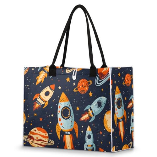 Flying Rocket Planet Tote Bag for Women Large Beach Bag Reusable Tote Bags for Work Travel Beach Shopping