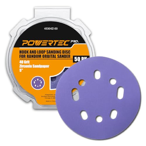 POWERTEC PRO 50PK, 5 Inch Sanding Discs Hook and Loop, 40 Grit, Zirconia Orbital Sander Sandpaper for 5 & 8 Hole Random Orbital Sanders - Automotive, Paint, Metal, Woodworking (45304Z-50) by POWERTEC - Used condition - US$18.60