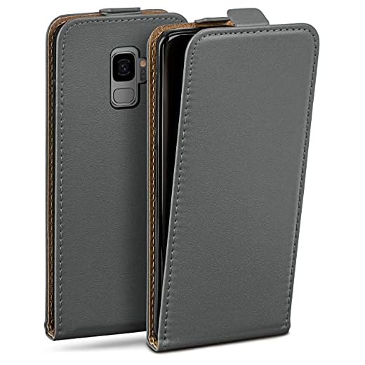 moex Flip Case für Samsung Galaxy S9 Hülle klappbar mit 360 Grad Schutz, Handyhülle mit Displayschutz, PU Leder Handytasche Lederhülle, Flip Case Cover Klapphülle, Grau