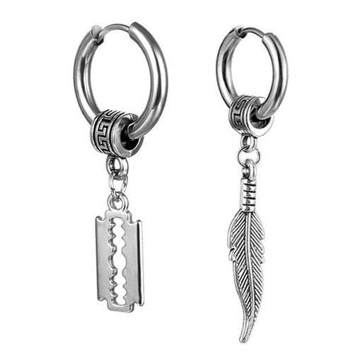 Sterling Silver Hoop Earrings with Razor Blade and Feather Charms, Asymmetric Design, Dangle Drop Style-image-4