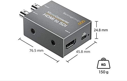 Dimensions of the Blackmagic Design Micro Converter HDMI to SDI, showing length, width, height, and weight.