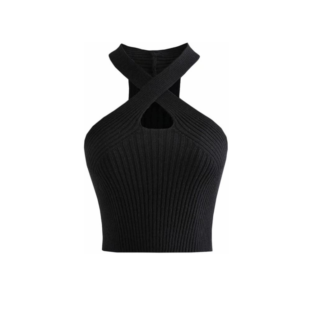 KOEMCY Crop Tops for Women Crisscross Halter Tank Tops for Women Sexy Summer Sleeveless Crop Tops Cropped Tank Tops (Black)