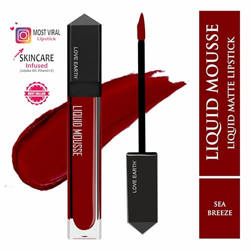 Image of Love Earth Liquid Mousse Lipstick - Sea Breeze Matte Finish | Lightweight, Non-Sticky, Non-Drying,Transferproof, Waterproof | Lasts Up to 12 hours with Vitamin E and Jojoba Oil - 6ml