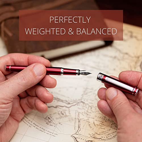 Scriveiner Deep Crimson Red Fountain Pen - Stunning Luxury Pen With Chrome Finish, Schmidt Nib (Medium), Best Pen Gift Set For Men & Women, Professional, Executive, Office, Nice Pens #TOP5