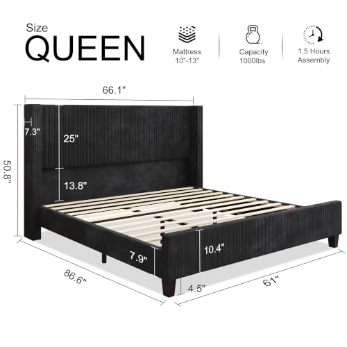 Image of HOWE Queen Szie Bed Frame with 50.8 Inch Corduroy Wingback Headboard, Black | Modern Upholstered Platform Bed, Solid Wood Slats, No Box Spring Needed, Noise-Reducing Design
