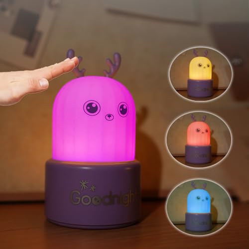 Image of QANYI Little Deer Night Light, Portable Silicone Color Changing Elk Animal Lamps, Rechargeable Bedside Dimmable Lamp for Breastfeeding, Easter Gifts Ideal for Toddler Baby Kids Blue Decor Purple