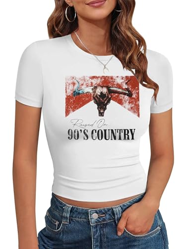 Western Shirts for Women Cowgirl Tshirt Cowboy Country Concert Outfits Summer Slim Shirt Sexy Crop Tops for Girls(White, X-Large)