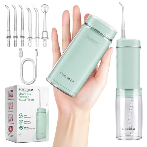 BarberBoss Travel Water Flosser Pocket Flosser with 3 Pressure Settings 6 Tips (3 Standard Orthodontic Periodontal Tongue Cleaner) Portable Cordless Oral Irrigator QR-7115 (Green)