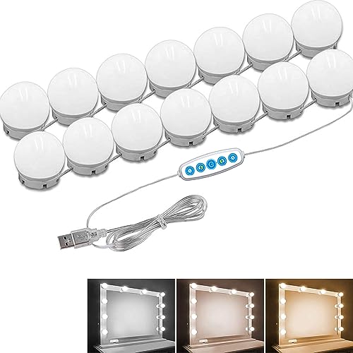Gluckluz Vanity Mirror Lights Makeup LED Mirror Lighting Hollywood DIY 14 Light Bulb for Women Indoor Home Bathroom Bedroom Dressing Table with Dimmer (USB Plug in, Mirror Not Included)