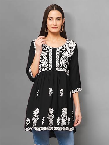 Image of Winza Designer Rayon Chikankari Embroidered Short Kurti | Plus Size Kurta Tunic Top