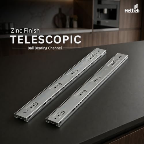 Image of Hettich Telescopic Ball Bearing Channel KA 5632 /500mm | Zinc Finish Drawer Channel for Home, Kitchen & Wardrobe | Load Bearing Capacity 45 kg | 100% Extension, Galvanised Steel (2 Pcs)