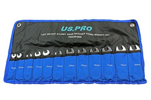 US PRO - Set di chiavi combinate a cricchetto tozze a 72 denti, 12 pezzi, 8-19 mm