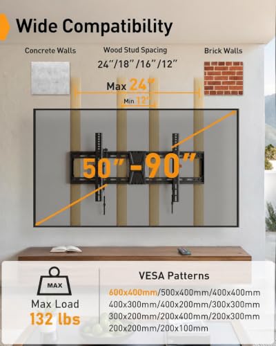 Image of Perlegear Tilting TV Wall Mount for 50-90 TVs with Leveling Adjustment, Max VESA 800x400mm，Fits Most 65 75 85 86 Inch Low-Profile TV Mount Wall Bracket up to 132 lbs, Fits 12 inch /16 inch /18 inch /24 inch Studs
