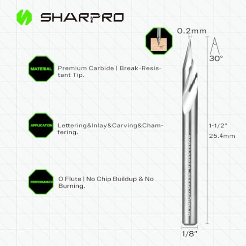 Image of 30 Degree V Groove Router Bits 1 /8 Shank, O Flute bit for CNC /Router Engraving, Chamfering & Lettering, Chamfer End Mill for Wood, Aluminum, Acrylic, Plastic, PVC