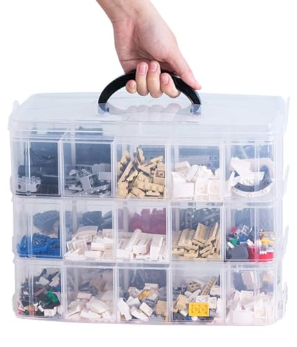 Image of PAXCOO 3-Tier Stackable Storage Box with 30 Compartments Compatible with Lego Bricks, Building Bricks, Plastic Storage Box for Building Bricks, Kids Toy and More (Transparent White)