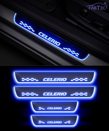 Image of FABTEC Car Door Foot Step Sill Plate with Mirror Finish LED Sill Plate Compatible with Kia Carens (Set of 4PCS, Blue) (6 Month Warranty)