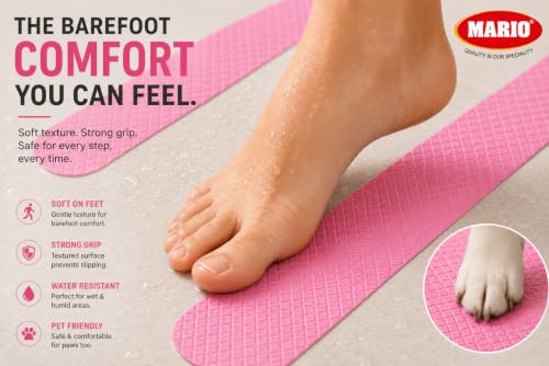 Image of Mario Soft Anti Skid Anti Slip Tape Pink 50mm (2 Inch) x 5m | Soft Surface Non Abrasive Barefoot Friendly Waterproof Grip Tape | Self Adhesive Safety Tape for Home Bathroom Stairs & Floor Use