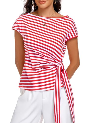 Image of HOTIAN Womens Cap Sleeve T Shirts 2026 Tie Waist Wrap Tops Crew Neck Blouses Dressy Casual Loose Work Business Dressy