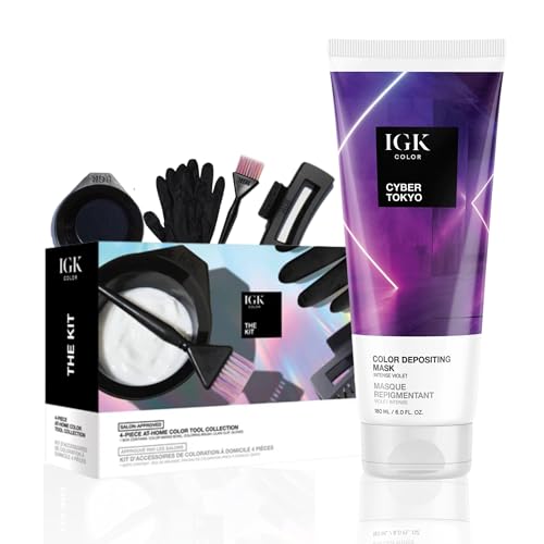 IGK Hair Gloss Toner & Depositing Mask + At-Home Color Tool Set | Cyber Tokyo Intense Violet | Semi-Permanent Shine + Tone | Salon-Quality Application