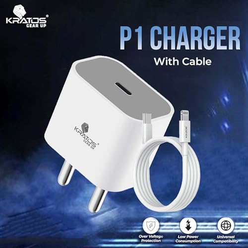 Image of Kratos 20W Charger with Cable Compatible with iPhone14 /13 /12 /11 /10 /9 /8 /7 /X /Xr Series,Cable Length 1.2 Mtr,BIS Certified,1 Year Warranty,White