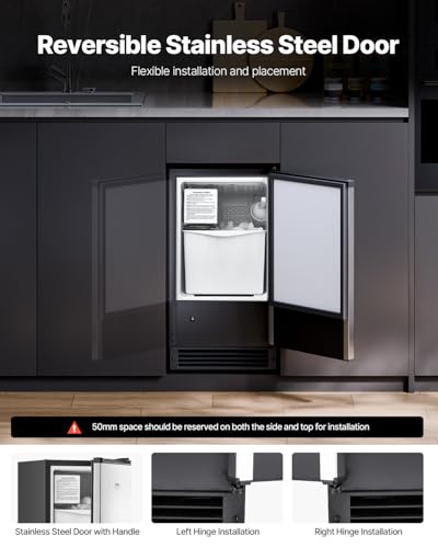 Image of VEVOR Under Counter Ice Maker Machine, Crescent Ice, 25 Lbs /Day Stainless Steel Built in Ice Maker with Reversible Door, 22Lbs Storage Ice Maker Machine for Commercial Home Kitchen, No Drain Required