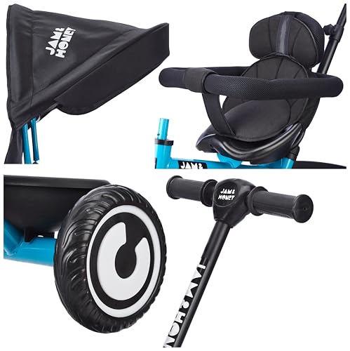 Image of Amazon Brand - Jam & Honey Kids Tricycle with Canopy & Adjustable Parental Handle | Safety Belt, Storage Basket & Comfort Seat | BIS & ISI Certified | Sea Green | Ideal for Toddlers 2+ Years