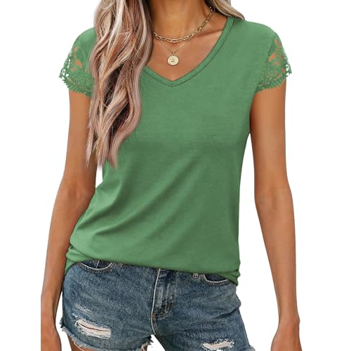 Image of Womens Tops V Neck Short Sleeve T Shirts Womens Summer Tops Casual Soft Basic Lace Tops Spring Summer Tees Clothes 2026