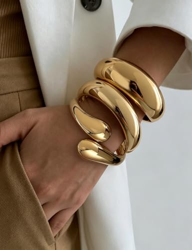 Image of Chunky Gold Bangle Bracelets for Women, Dainty 14k Gold Plated Big Stackable Bangles Set, Trendy Statement Cuff Bracelet Stack Fashion Jewelry Gifts