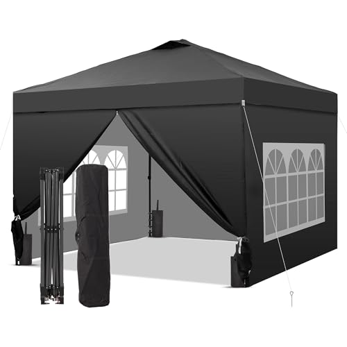 GDY 10x10 Pop Up Canopy Tent with 4 Sidewalls, Easy Set up with One Push Lift Outdoor Silver Coated Beach Gazebos, Carpas with 4 Sandbags, for Events, Parties,Camping, Black.