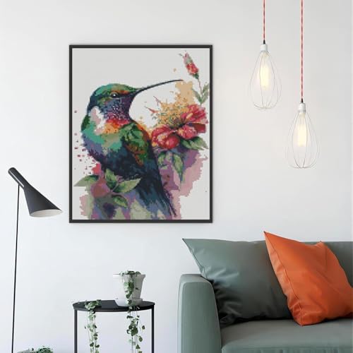 Image of Hummingbird Stamped Cross Stitch Kits,Needlepoint Cross-Stitch Patterns Dimensions Needlecrafts Embroidery Kits,DIY Art Bird Home Wall Decor Perfect for Relaxation 15.7x11.8 Inches