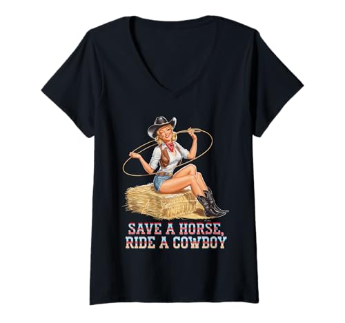 Femme Save A Horse Ride A Cowboy Tshirt Country Tenues À Cheval T-Shirt avec Col en V