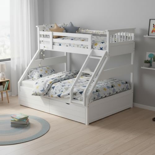 Image of APRODZ Haven Queen Size Solid Wood Bunk Bed with 2 Drawer Storage | Wooden Twin Over Bed with Ladder for Kids' Room Bedroom Living Room Home (White)