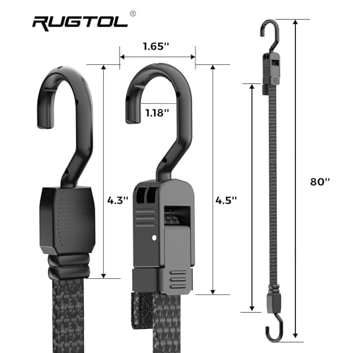 Image of Rugtol Bungee Cords with Hooks, 80 Inch Long Adjustable Flat Bungee Straps with Upgraded Quick Release Buckle, Rubber Black Easy Adjust Elastic Cords with Metal Hooks for Outdoor, Tarp, 6 Pack