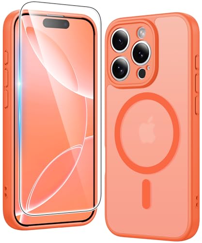 Image of FNTCASE for iPhone 16 Pro Case: Matte Magnetic Phone Cases with Screen Protector Compatible with Magsafe Slim Anti Yellowing Rugged Shockproof Protective Translucent Cell Phone Cover (C-Orange)