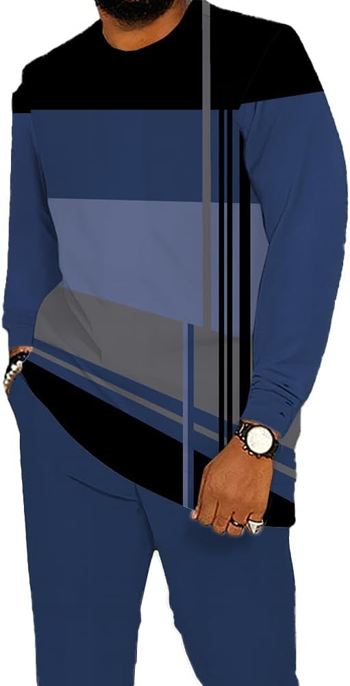 Mens 2 Piece Outfits Fall Casual Long Sleeve Crew Neck Stripe Pullover and Pants Sets Tracksuit Lounge Sweatsuit