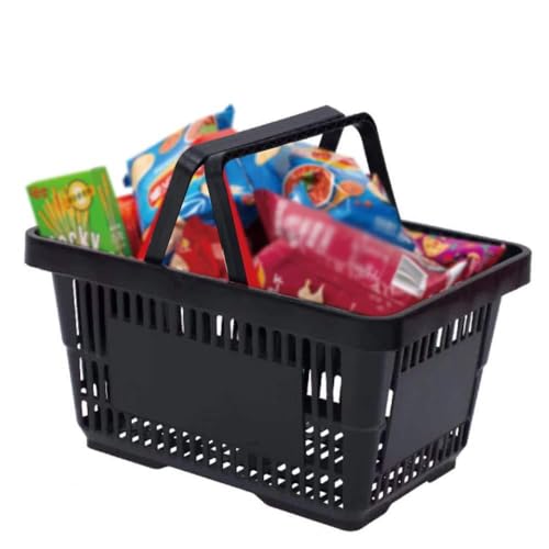 Lot 12 Paniers Courses Plastique PP 28L Capacité 10Kg, Empilables Rectangulaires Noir paniers Provisions Avec Poignées Pour Supermarché Magasin Transport Légumes Fruits Linge Jouets Robuste