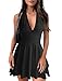 HOT ROEE Women's Halter Deep V Neck A-line Mini Dress Ruched Waist Short Party Dresses Black Medium