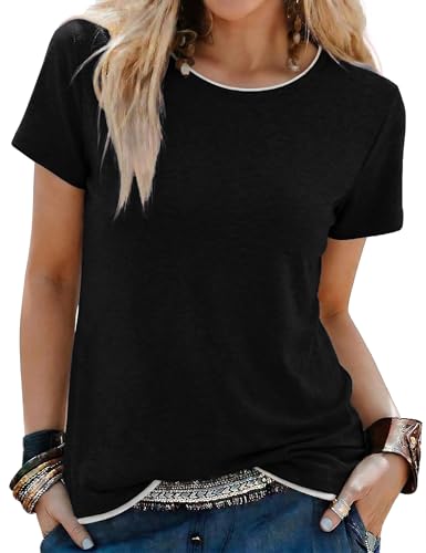 Camiseta Negro Manga Corta Mujer de Cuello Redondo Camisetas Basicas Corte Suelto T Shirt de Contraste Casual y Versátil Top Verano