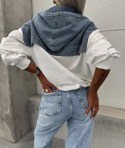 loveimgs Women Loose Denim Shirt Jean Jacket Hoodie Half Zip Pullover Sweatshirt Long Sleeve Hooded Patchwork Jumper4