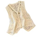 TEMOOUES Cárdigan bordado de ganchillo con botones frontales sin mangas, chaleco corto con borlas para mujer, traje de vacaciones, chaleco bordado de algodón para mujer, beige, Altoa única