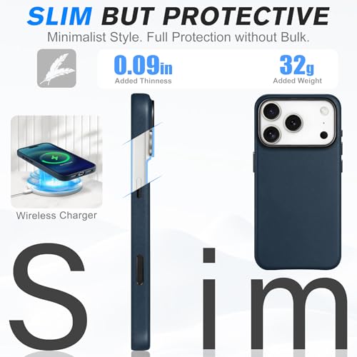 Image of SHIELDON Genuine Leather Case for iPhone 17 Pro 6.3 inch 2025, Navy Blue | Compatible with MagSafe, Magnetic Wireless Charging, Camera Button, Metal Buttons, Camera Bezel, Slim, Shockproof, Women Men