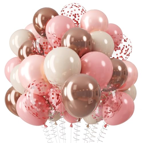 QIFU Globos Rosa Beige, 12 Pulgadas Globos Beige Rosa Globo Dorado Confeti Latex Para Birthday Decoracion Cumpleaños Niña Mujer Aniversario Bodas Birthday Niña Baby Shower Bautizo San Valentín
