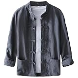 Men's Cotton Linen Kung Fu Shirt Traditional Chinese Tang Suit, Vintage Long Sleeve Frog Buttons Lightweight...