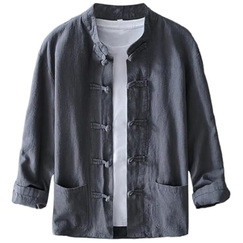 Men's Cotton Linen Kung Fu Shirt Traditional Chinese Tang Suit, Vintage Long Sleeve Frog Buttons Lightweight Jacket (US, Alpha, XX-Large, Regular, Regular, Grey)
