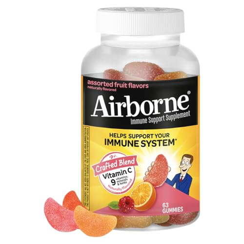 Airborne 750mg Vitamin C Immune Support Supplement Gummies for Adults, Assorted Fruit Flavor, Gluten Free Crafted Blend with Powerful Antioxidants Vitamins A C & E, 63 Gummies
