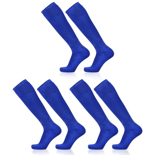 SKHAOVS 3 Pares Medias de Fútbol Azules para Niños, Calcetines Largas de Fútbol Baloncesto Hockey Rugby Tenis, Calcetines de Deporte Hasta Rodilla para Niños y Niñas de 5 a 12 Años