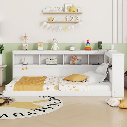 Sofá cama de 90 x 200 cm, con enchufe y 2 puertos USB, cama con somier (sin colchón), color blanco